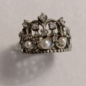 Franklin Mint Sterling Silver, CZ, and Pearl Princess Crown Ring